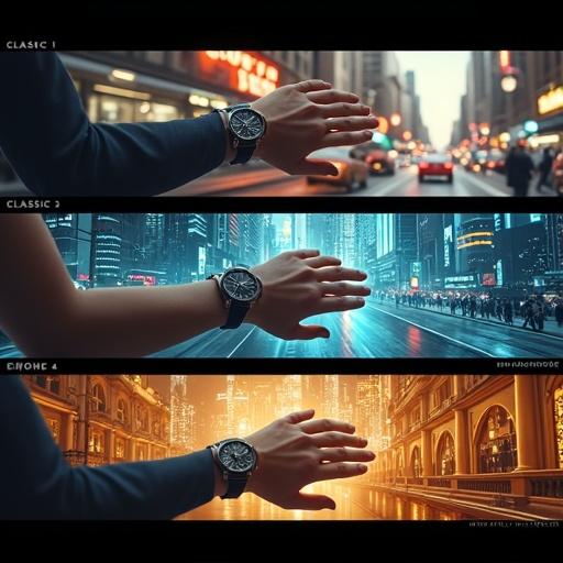 Four-panel storyboard displays hands with various watches. First panel features classic vintage watch in an old black-and-white film setting. Second panel shows sporty watch in a vibrant city scene with neon lights. Third panel highlights futuristic digital watch in a sci-fi environment. Last panel showcases elegant luxury watch in a glamorous golden atmosphere. Each scene titled accordingly.