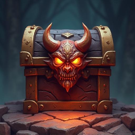 Treasure chest features a demon face looking forward. Art style inspired by game World of Warcraft. Transparent background enhances visibility.