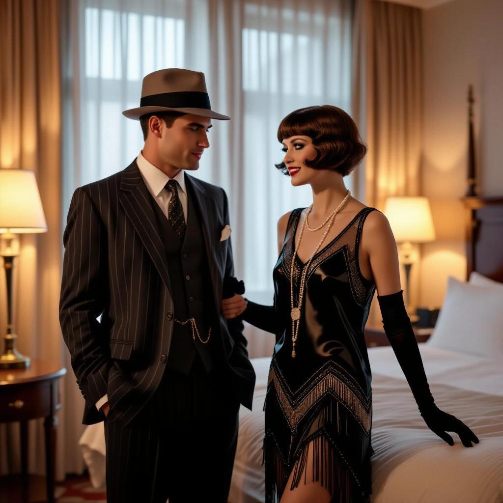 Couple dressed in 1920s attire inside an elegant hotel room. The man wears a striped suit while the woman wears a black flapper dress. Warm lighting creates an inviting atmosphere. The overall vibe is ultra-realistic and vintage.