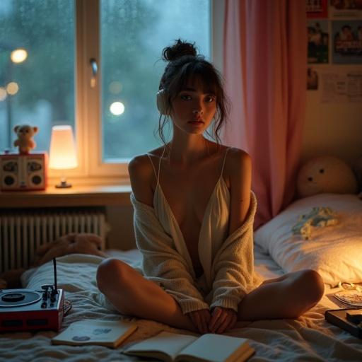 Young woman seated crossed legs on messy bed. Wearing white headphones and calm expression. Light-colored silk camisole and loose-knit cardigan. Bedroom with posters and bedside items. Pink curtains with rain outside.