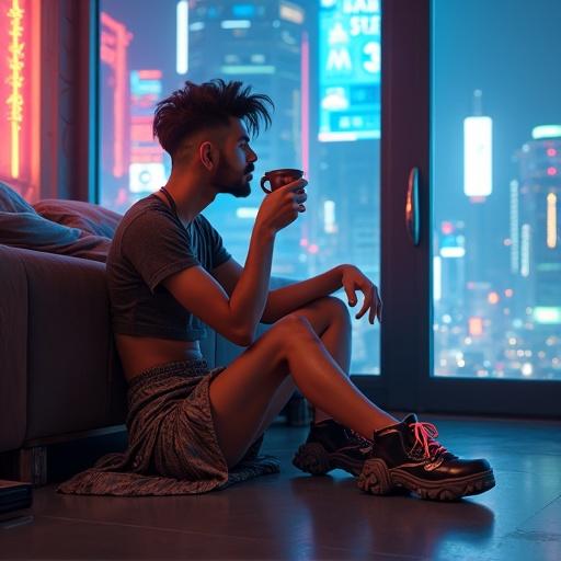 A stylish man sits on the floor of a high-tech studio apartment in a cyberpunk metropolis. He holds a futuristic coffee cup and gazes thoughtfully into the distance. The ambiance is lit with neon lights, reflecting off advanced gadgets and surfaces in the room. His outfit features edgy fashion with metallic details. The scene captures a quiet moment amidst the bustling city outside.