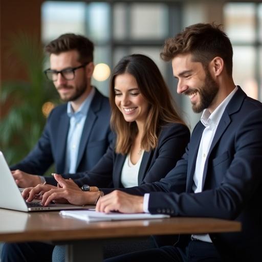 A group of young professionals engaged in work with Apple devices. They display clear happiness and professionalism. Individuals wear different outfits in a business style. Focus on interaction and teamwork.