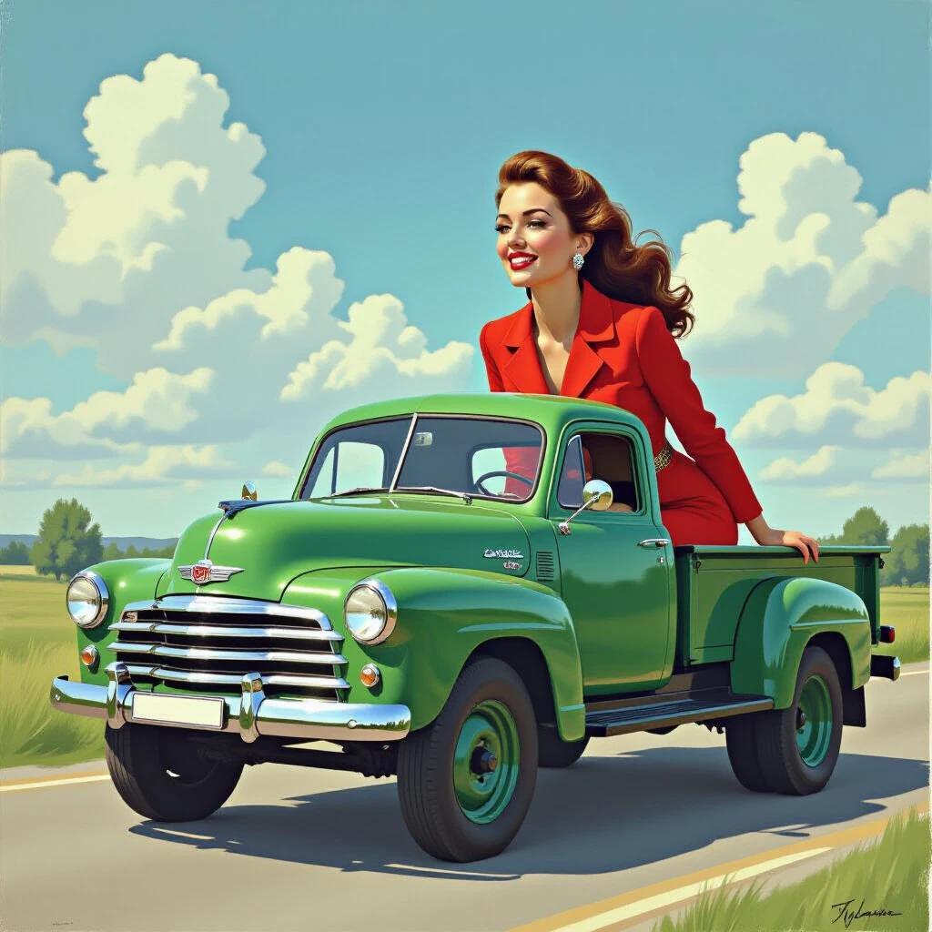A vintage green truck from 1952 is driven by a beautiful woman wearing a red coat. The scene captures a sunny day with fluffy clouds in the background.