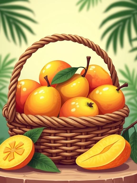 A woven basket filled with ripe golden-yellow mangoes. Mangoes appear juicy with red and orange blush. A few green leaves visible and a sliced mango showcasing bright orange flesh. The basket has a handcrafted look with weaving details. It's placed on a wooden surface against a soft tropical background with palm leaves. Warm saturated colors and soft shading enhance the cartoonish style.
