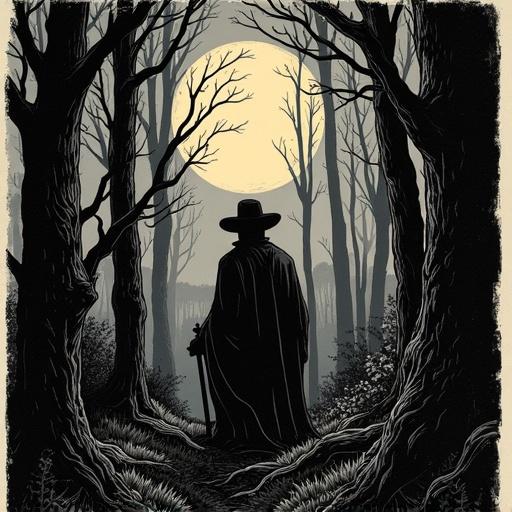 A mysterious figure stands alone in a dark forest. The figure wears a large hat and cloak. Moonlight shines through the trees illuminating the path ahead. The trees are bare with twisted branches creating an eerie atmosphere. The image resembles a woodcut print style.