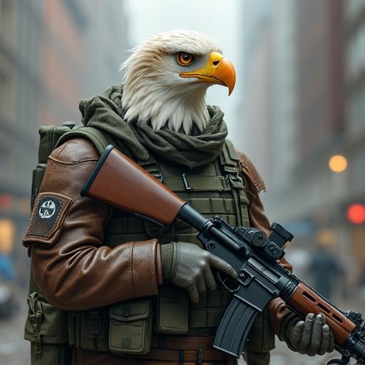 Eagle bird dressed in army suit holding rifles in urban environment