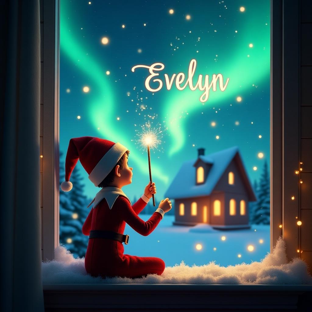 The image features an enchanting Christmas scene with an elf on the shelf. The elf is positioned with his back to the viewer, gazing up at the starry sky. He is wielding a magical wand, sparkling as he writes ‘Evelyn' in the night sky. The background is filled with beautiful northern lights, creating a whimsical and festive ambiance. A cozy house is visible, enhancing the holiday spirit with its warm glow. Snow gently accumulates on the window sill, adding to the winter wonderland feel.