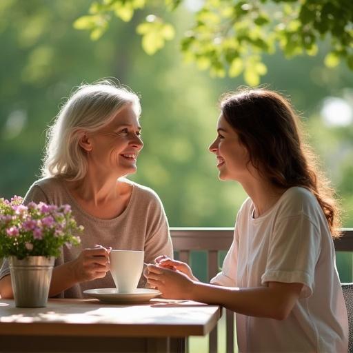 Mom and adult daughter seated at a wooden table on a terrace. They hold cups of coffee or tea. They share light laughter and conversation. A flowerpot with flowers rests on the table. Surrounding is a summer garden or green park. Skin and hair textures are detailed. Colors are bright. The scene embodies peace and happiness. 8K ultra-realistic image with natural lighting and high detail.