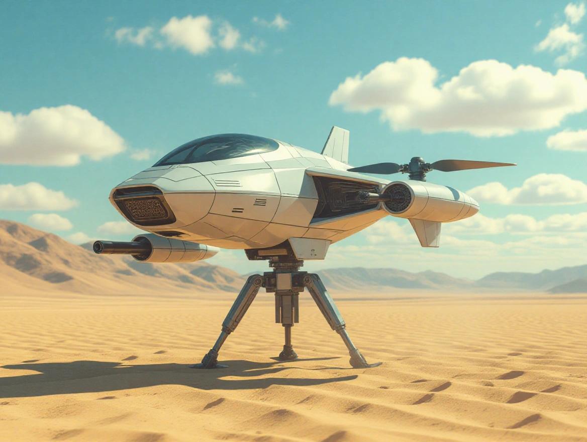 Cinematic sci-fi military hover drone in a desert. Light grey sleek design with specular highlights. Drone transforms into a ground tripod minigun. Clear blue sky with clouds. Realistic 4k details and textures, visible shadows.