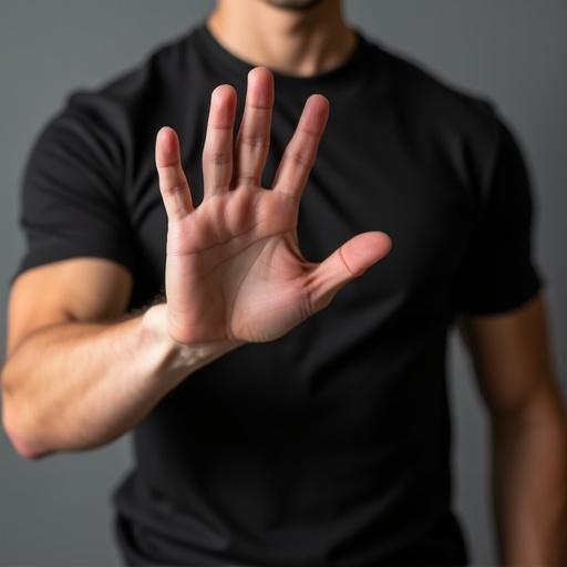 Close-up of a man's chest and stomach wearing a black t-shirt. Right hand raised in a stop gesture with palm facing outward. Body language shows alarm and warning. Face not visible.