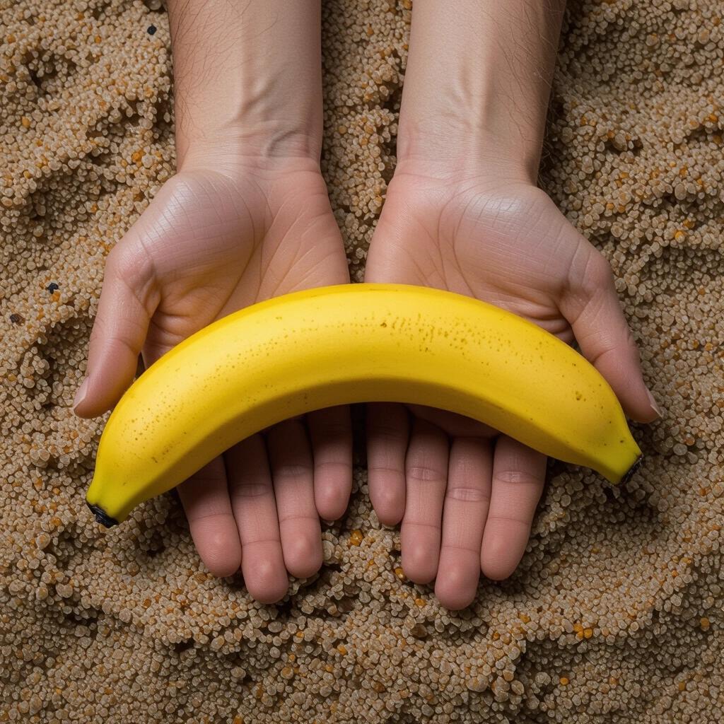 Human hands holding a ripe banana. The banana is a bright yellow color. Hands are placed on sandy material. The scene has a neutral and soft lighting. The focus is on the hands cradling the banana.