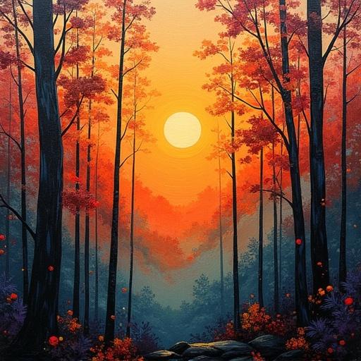 Abstract acrylic collage art depicting a sunrise in a forest. Bright colors like orange and red dominate the canvas. Sun hangs low in the sky surrounded by trees. Thoughtful arrangement of colors enhances the natural serenity. Mystical atmosphere created by layers of paint.