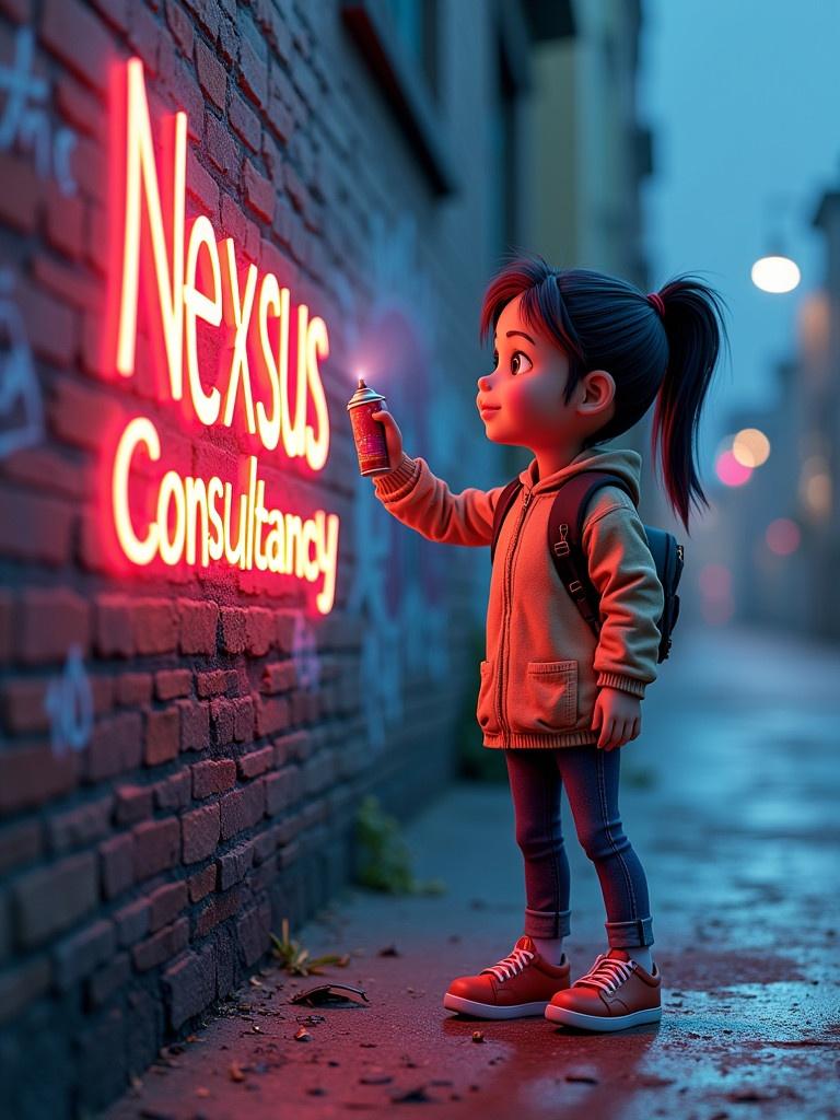 3D rendering of a girl spray painting on a brick wall. The girl holds a spray can. Text on the wall says 'Nexsus Consultancy'. The scene captures a quiet street. Dark colors with bright graffiti provide contrast.