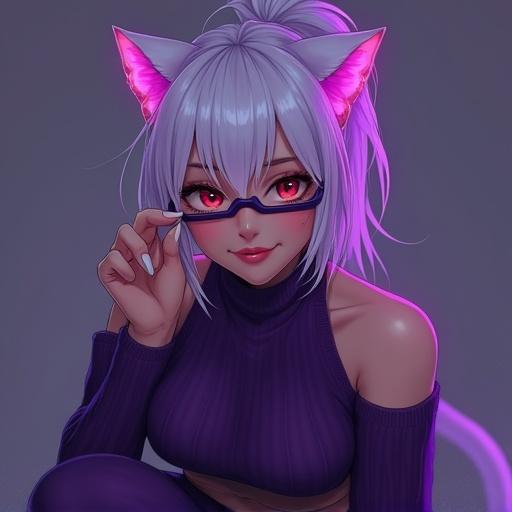 Low angle anime semi-realistic portrait of a young female cat girl. She appears elegant and suggestive. Wearing a purple open-finger sweater. Has dark purple rimmed glasses. Features white ponytail with glowing purple ends. Red eyes and slight smile. Silver ring on her middle finger. Glossy lips. Dark, elegant, minimalistic background. Ear piercing. Sitting barefoot in yoga pants. White lacquered toenails.