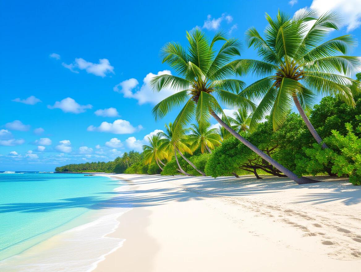 Clean beach features palm trees with brown and white colors. Clear blue ocean and bright blue sky enhance tropical vibe.