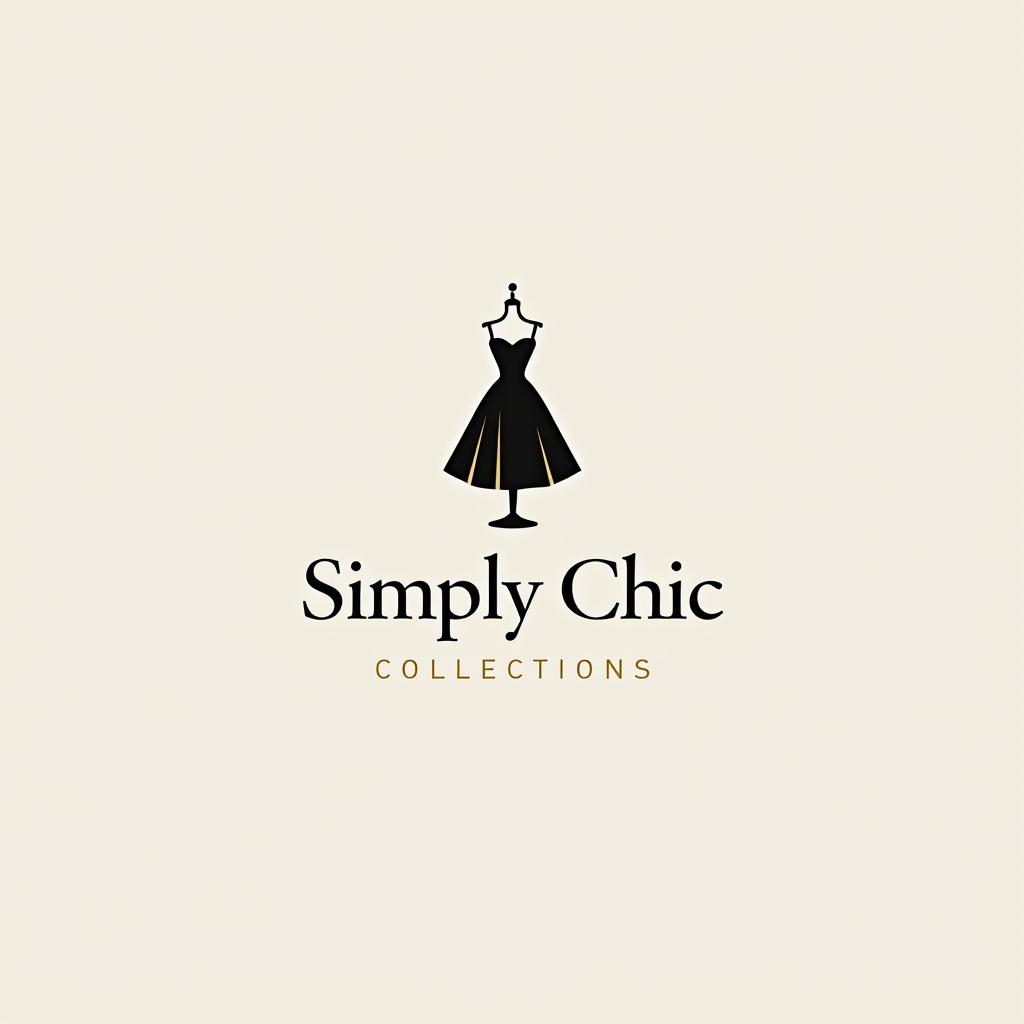 Minimalist logo design for Simply Chic Collections. Clean lines and stylish font. Silhouette of a dress above the name. Color palette includes black and gold on light background. Unique contrast between serif and sans-serif fonts. Chic aesthetic for fashion brand.