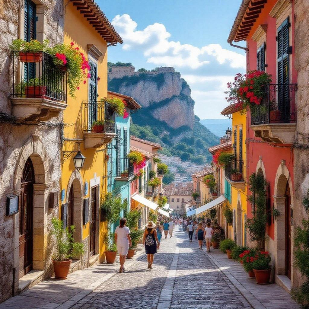 Colorful streets of Cefalú in Sicily. Bright sunny day with flowers adorning buildings. Tourists walking along a cobblestone street. Mountains in the background.