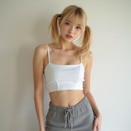 Blonde haired Asian girl with twin pigtails and blunt bangs in a white tube top and short gray skirt. Captured in a soft light setting. Makes a casual and trendy appearance.