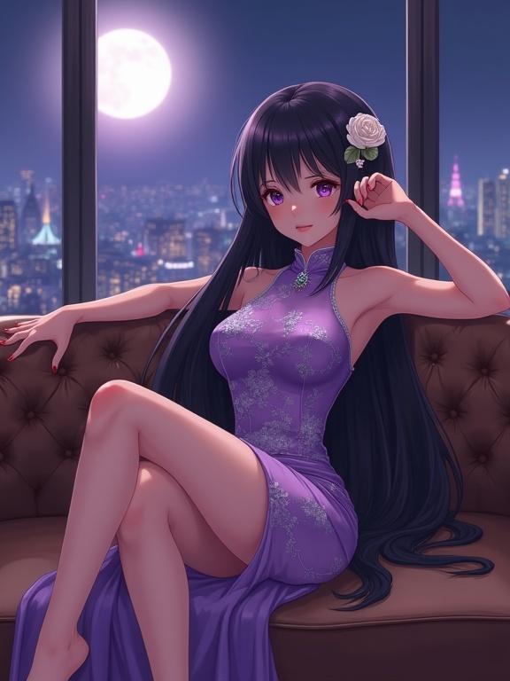 East Asian lady with long dark violet hair. She reclines on a leather sofa with a white rose in her hair. She wears a violet cheongsam evening dress with floral patterns. The background shows a moonlit city skyline through windows. Soft lighting creates a romantic atmosphere.