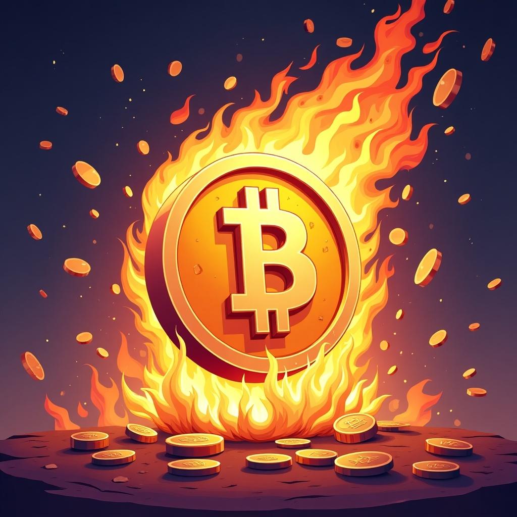 Flaming Bitcoin symbol surrounded by coins. Bright flames illuminate a dark background. Represents excitement in the cryptocurrency market. Illustrates meme coin concept.