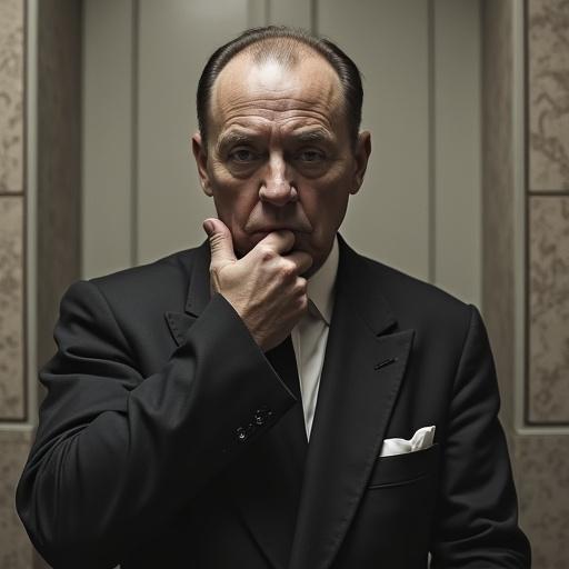 A serious man in a suit appears thoughtful and intense. The setting is formal with a high-contrast, dramatic lighting. The angle is frontal, emphasizing the man's expression.