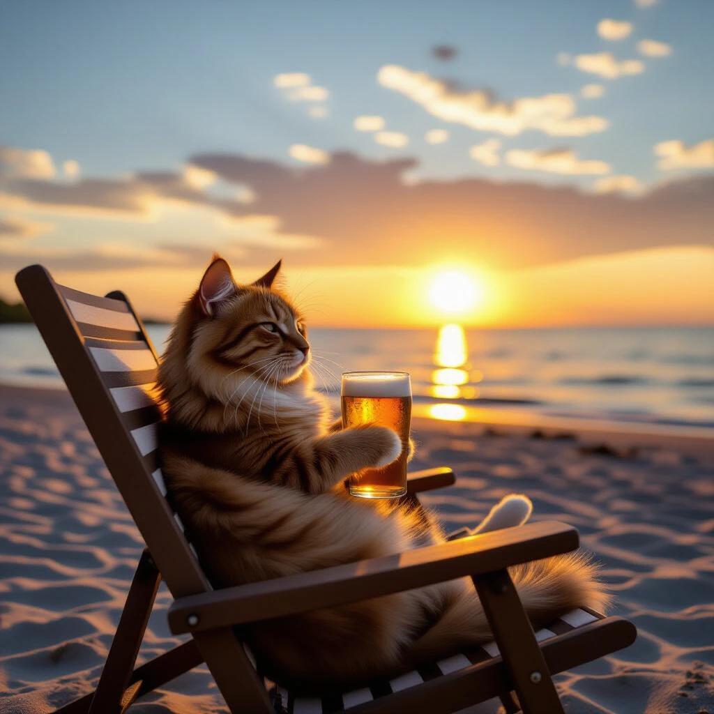 A cat relaxes in a beach chair at sunset. The cat holds a glass of beer. The scene captures a summer vibe. Warm golden light fills the beach setting.