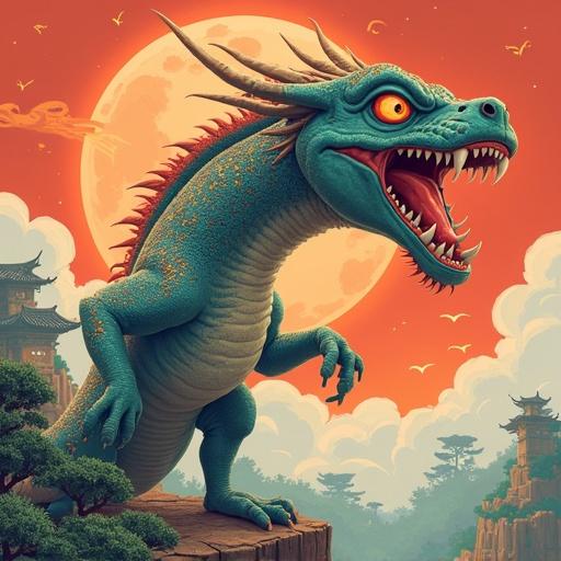 A fierce dragon with turquoise scales and a grand pose stands atop a rocky ledge against a large moon background. The sky features shades of orange and red, creating a vibrant sunset. The dragon exhibits characteristics of mythical and animated creatures, with sharp claws and a furious expression.