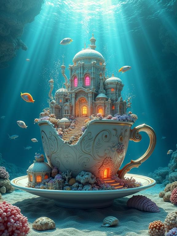 Surreal underwater scene featuring a large broken porcelain teacup on the ocean floor. The teacup is decorated with embossed patterns and glowing accents. Coral reefs, seashells, barnacles, and various marine flora decorate the cup. Inside, an ancient underwater city has palaces and towers. Light rays from above pierce through the water, illuminating the scene. Tropical fish, jellyfish, and small sharks swim nearby, with bubbles drifting upwards. Some domes break the surface and water spills into the cup. The ambiance is mystical and reminiscent of a forgotten Atlantis. Rendered in high realism and dramatic lighting.