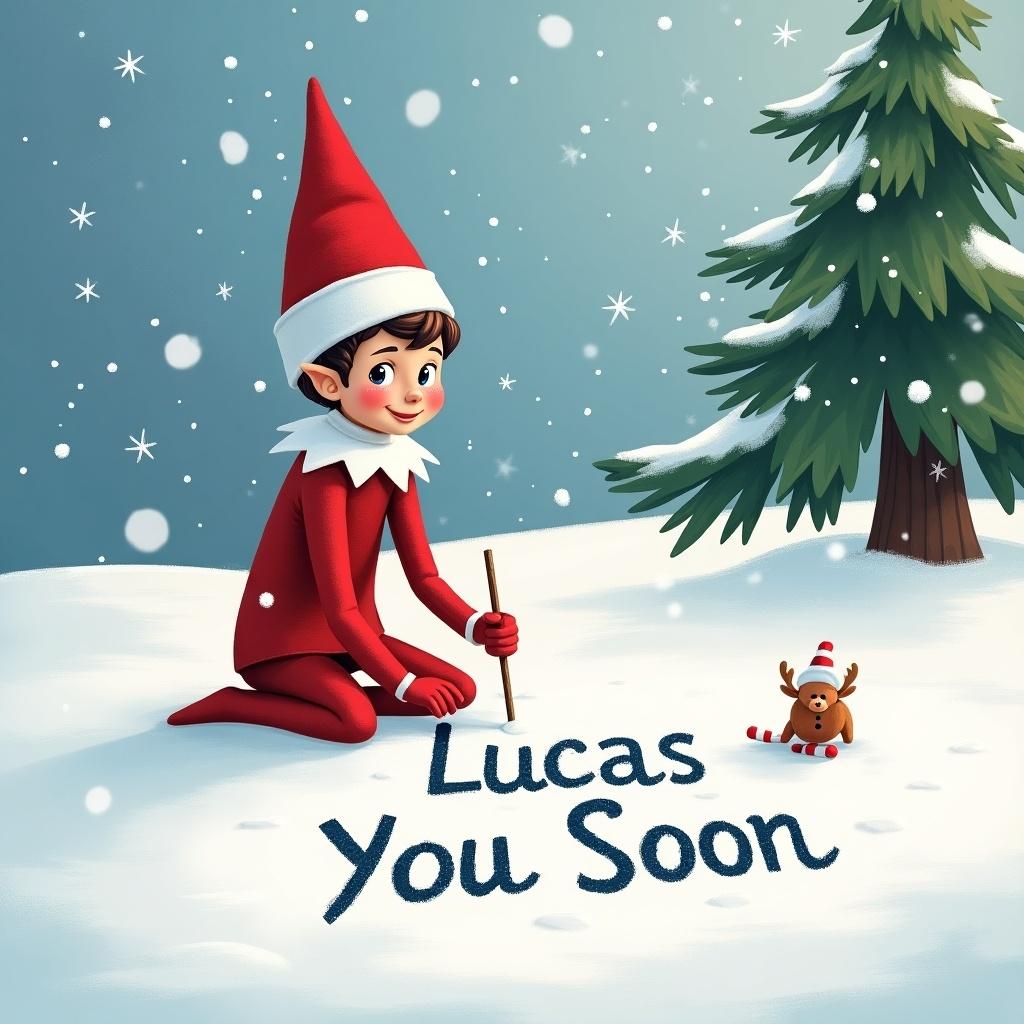 A playful elf is sitting in the snow, happily writing a message. The scene is set in a winter wonderland with gently falling snowflakes. The elf is dressed in a bright red suit with pointy ears and a cheerful expression. Next to the elf is a cute reindeer figurine and a small pine tree covered in snow. The words 'Lucas You Soon' are written in the snow, adding a personal touch to the festive atmosphere. The overall mood is joyful and magical, perfect for the holiday season.