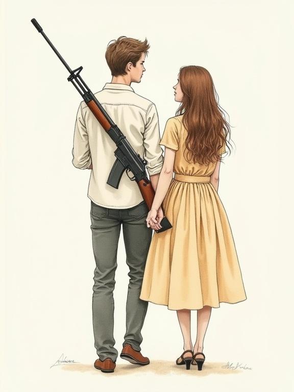 Couple holding hands with a shotgun, hand-drawn illustration in minimalist fine ink pen style, expressive lines and subtle shading, organic and elegant vintage aesthetic, professional sketchbook quality with soft watercolor accents