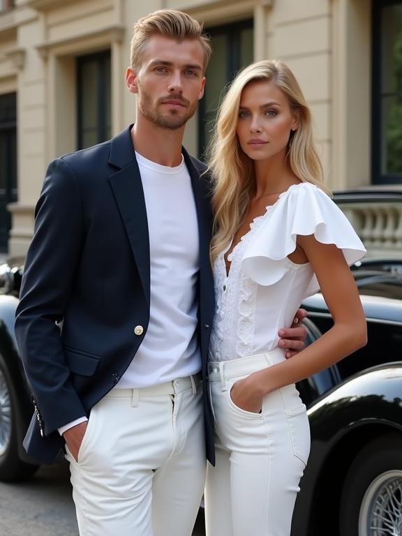 A stylish blond couple stands next to a vintage black car. A handsome blond man wears a navy suit with white pants and a white t-shirt. A blonde woman has lush long hair and wears a white ruffled t-shirt. The background features a luxurious classical building.