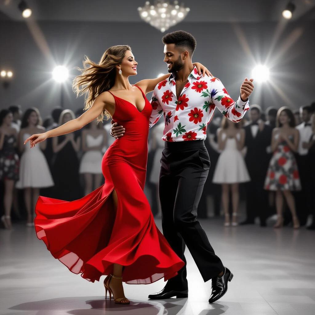 Hyper realistic depiction of a mixed swing samba in a ballroom. Female dancer wears a red dress. Male dancer wears a floral shirt. Photo realistic style with a crowd in black and white in flat style in the background.