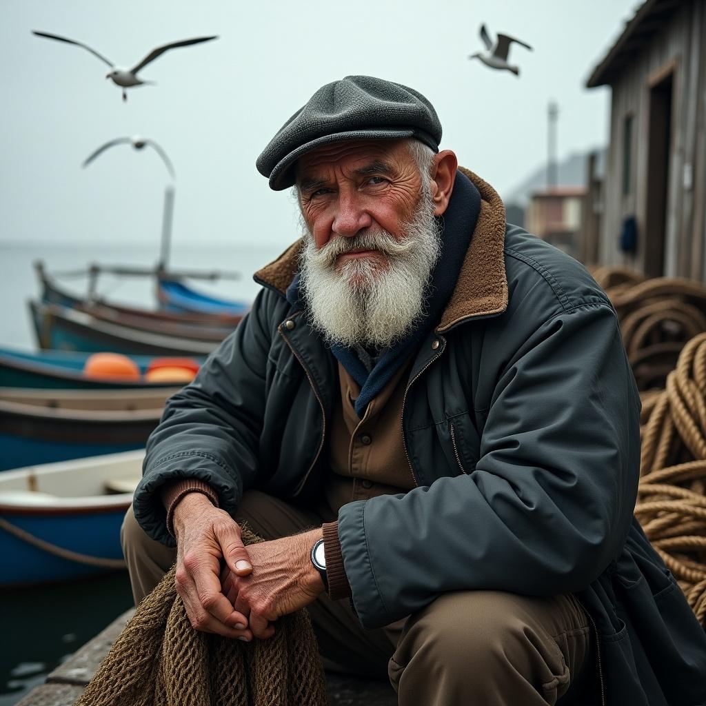 Detailed portrait of an old fisherman by a rustic harbor. Fisherman has weathered skin, thick gray beard, knitted cap, and worn-out jacket. Hands are rough, holding a fishing net. Background includes fishing boats, coiled ropes, seagulls in cloudy sky. Scene is moody, with natural lighting and muted colors.