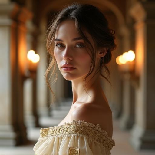 Portrait of a young woman in a gown with intricate embroidery. Soft natural light enhances the scene. Off-shoulder sleeves and flowing sheer fabric add elegance. Ornate castle hallway with arched windows seen in the background. Warm candlelight creates a dreamy atmosphere. Woman has smooth skin and rounded facial contours. Highly detailed and photorealistic with cinematic lighting.