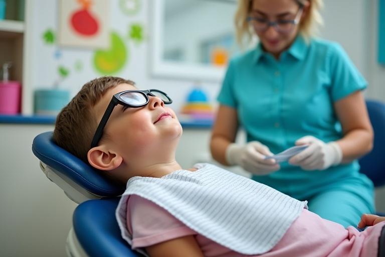 Child reclined calmly in dental chair. Mild nitrous oxide sedation is provided. Dentist and dental assistant present. Colorful operatory and a peaceful setting are visible. Child is relaxed and wearing protective glasses.