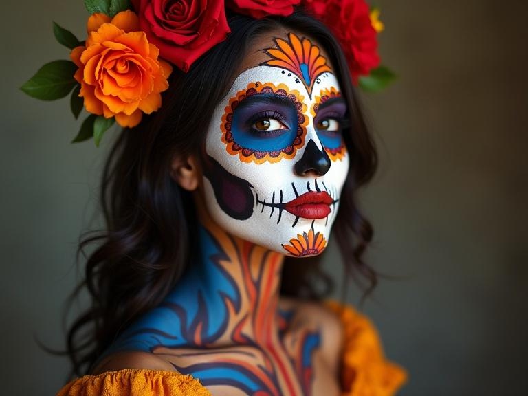 Medium shot of a woman adorned with Día de los Muertos body face paint. The face is colorfully painted with traditional designs. The woman wears a floral headdress. Her shoulders are decorated with matching body art.