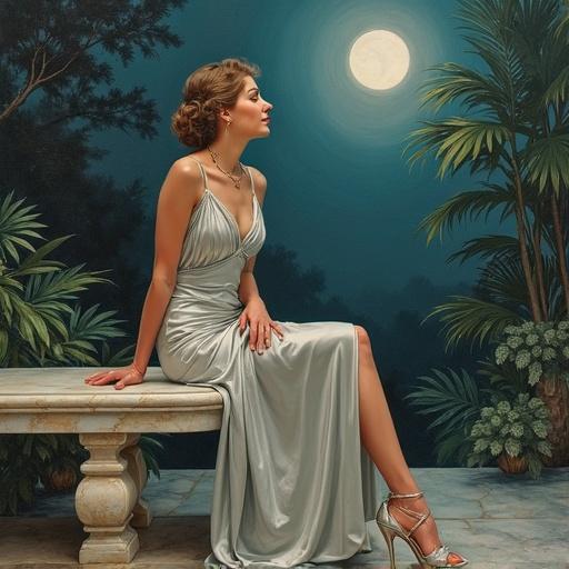 An Art Deco inspired oil painting features a beautiful young woman wearing a silver evening gown. She is sitting on a marble bench in a moonlit garden. The scene captures an enchanting atmosphere. The art uses a retro style reminiscent of Alphonse Mucha. The details are beautiful and the image is ultra HD.