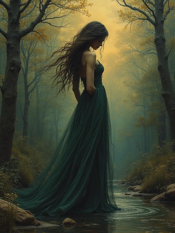 A woman stands in a mystical forest wearing a flowing green dress. The scene is serene with soft light filtering through trees. The setting evokes a sense of fantasy and tranquility. Nature surrounds the figure, highlighting a fashionable and artistic vibe.