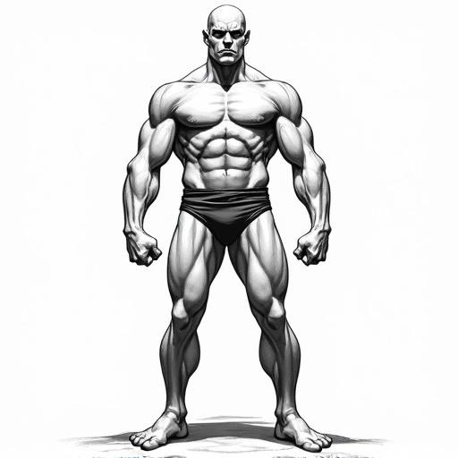 Full body view of a muscular character inspired by comic art. Drawing in the style of John Buscema. Artwork features a white background.