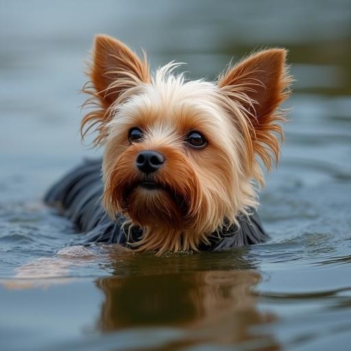 A hyper-realistic photo features a Yorkshire Terrier swimming in calm water. The dog's profile is clearly visible highlighting its fur and expression.