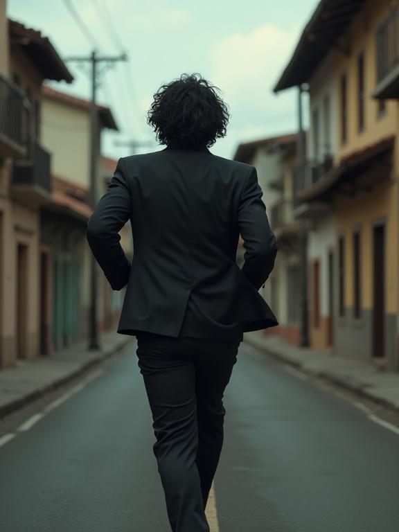 Photorealistic depiction of a Brazilian man running down a street. The man is facing away, showing his handsome face as he looks back. He wears a modern dark suit and has short thick black wavy hair. The scene evokes adventure and mystery but also a sense of dread.