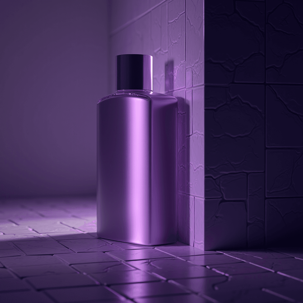 A sleek purple bottle stands elegantly in a dimly lit, tiled room casting a mysterious shadow.