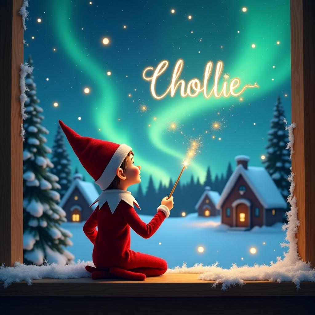 An elf sits on a wooden ledge with its back to the camera, gazing at a magical sky. The elf, dressed in a red outfit with a pointed hat, holds a sparkling wand. With the wand, the elf elegantly writes the names 'Mollie', 'Ruaridh' and 'Charlie' in the starry sky. The background features a snowy landscape with charming little houses and evergreen trees under the shimmering Northern Lights. This whimsical scene captures the essence of childhood magic and Christmas cheer.