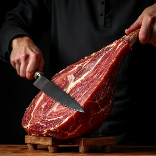 Close-up view of person slicing jamón ibérico in dark setting. Ham mounted on jamonero stand. Rich marbling and red meat visible. One hand holds knife; the other uses tongs to lift slice. Background completely black. Dramatic lighting emphasizes craftsmanship.