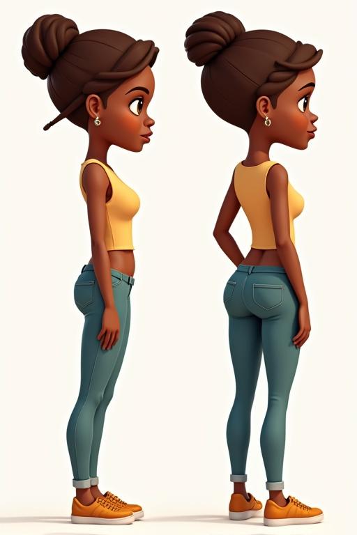 Female cartoon character created in 3D. Character is shown in front back and side views. She has brown hair styled. She has brown eyes. Character appears in mid 20s. Styling reflects Lagos Nigerian street culture.
