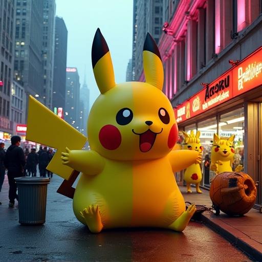 A surreal split-panel image showing a deflated Pikachu float beside a toppled trash can in an urban protest. The other panel shows a meme factory with conveyor belts producing Pikachu meme templates under neon lights.