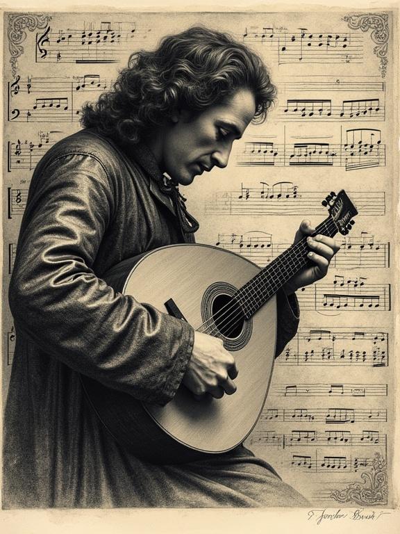 Musician playing a guitar lute with scores behind. Show musical notes and measures in the background. Reflects elements of Baroque style and artistic techniques.