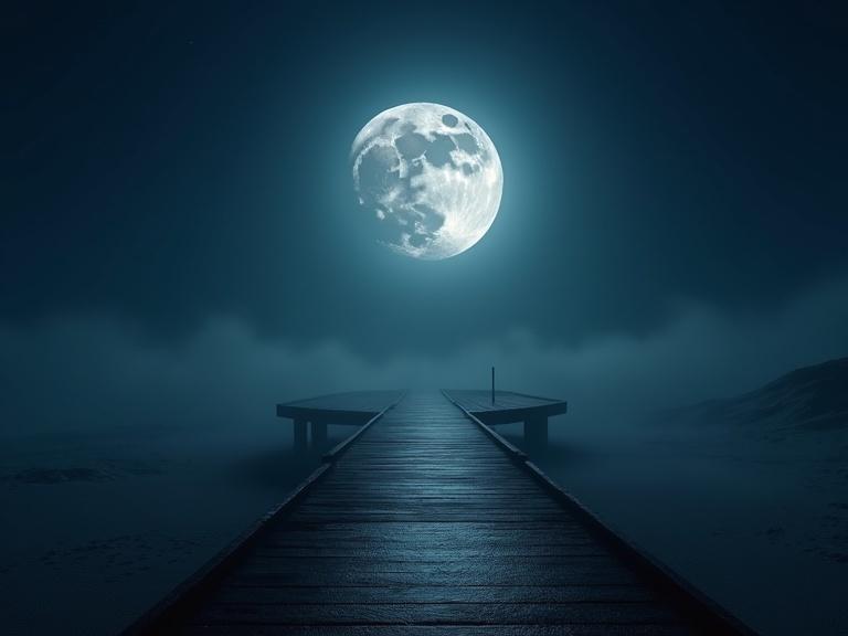 A moonscape viewed from a dry desert pier at night. The moon dominates the scene. The lighting contrasts between light and dark create a cinematic feel. Volumetric fog enhances the atmosphere.