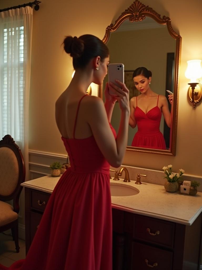 Woman in an elegant red dress stands by a vintage bathroom vanity. She is illuminated by warm lighting. The atmosphere is inviting and stylish. The setting is a vintage-style bathroom.