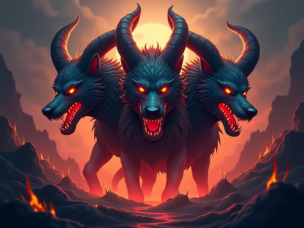 This artwork features a stylized representation of Cerberus, the mythical three-headed dog. The creature stands menacingly against a fiery backdrop that symbolizes the underworld. Each of Cerberus's heads has red glowing eyes, conveying a sense of danger and power. The scene is further enhanced by a dramatic lighting effect, creating an eerie atmosphere. This image would be suitable for use in a gaming clan, representing strength and resilience in the face of challenges.